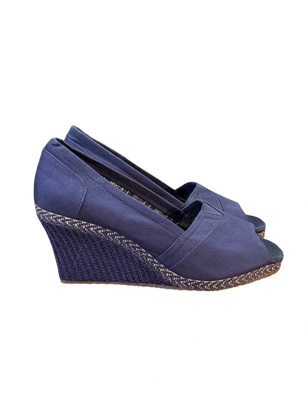 Skechers Navy Blue Canvas Peep-Toe Espadrille Wedge Shoes Women's Size 9